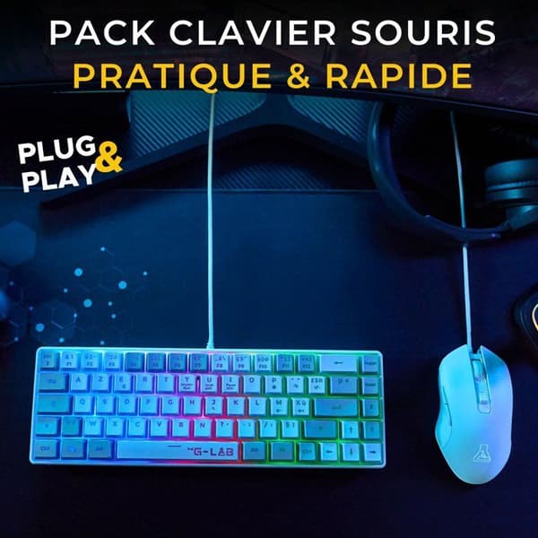 Pack 2 i 1 - THE G-LAB - Combo Hydrogen - Tangentbord AZERTY - Trådad mus - Vit/Grå