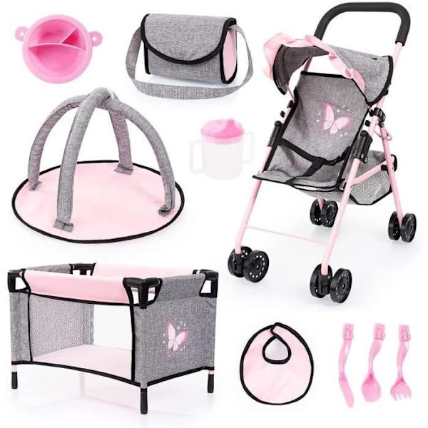 Dockvagn för dockor - BAYER DESIGN - 21533AB - Grå och Rosa - För dockor upp till 46 cm - Integrerad korg Grå, rosa