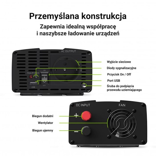 Spänningsomvandlare - Green Cell - 1000W/2000W - Ren Sinus - DC 24V - AC 230V