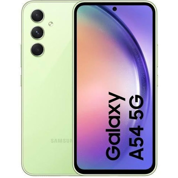 Samsung A54 smartphone i ljusgrön färg med 6,6" AMOLED 120 Hz Full HD+-skärm, 1080 x 2340 pixlar, 8 GB DDR4 + 256 GB RAM Lime
