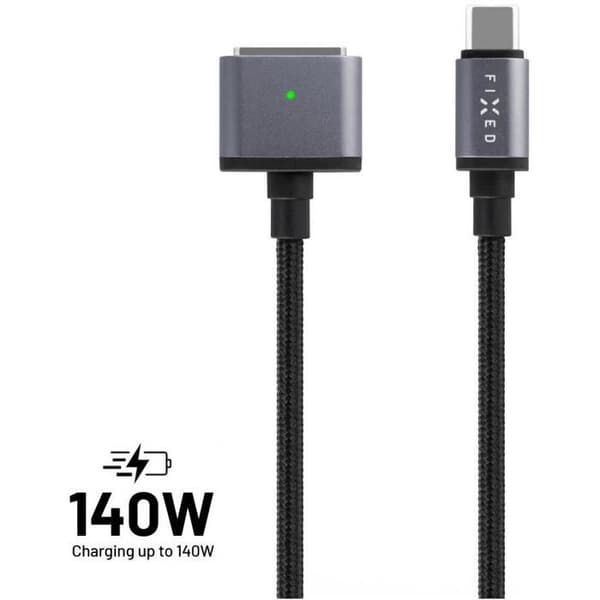 Strömkabel - FIX - USB-C/MagSafe 3 - 2m - 140W - Grå flätad
