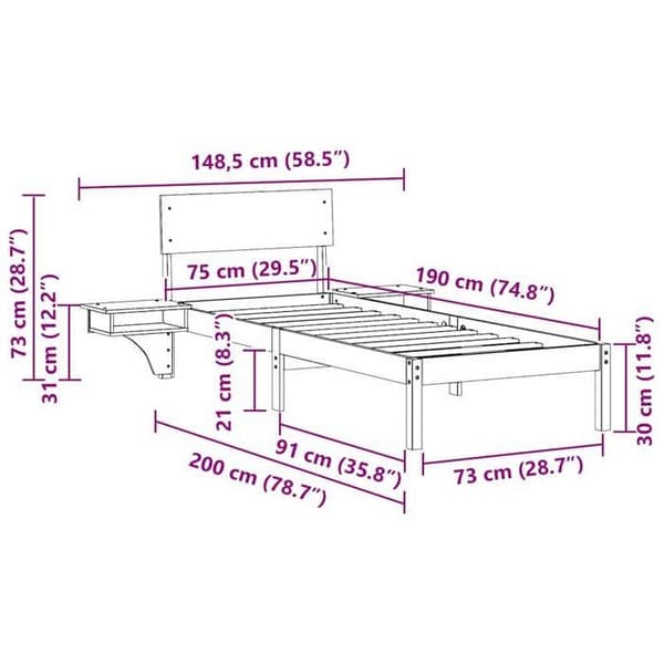 vidaXL Sängram med huvudgavel Vit 75 x 190 cm Massivt furu 873473
