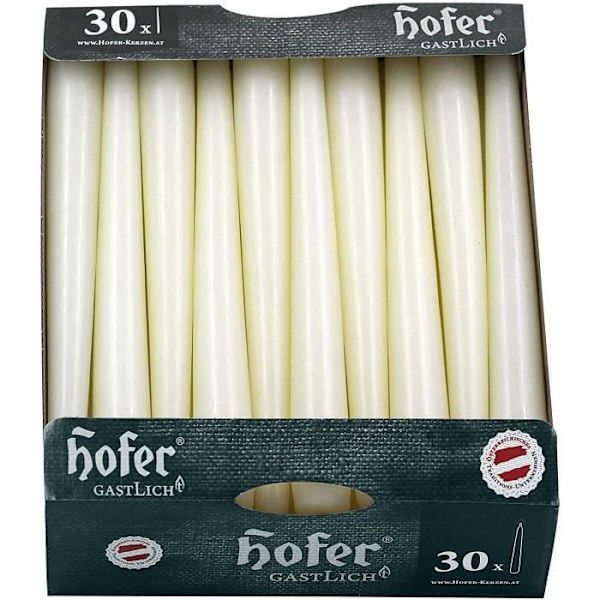Hofer stora koniska ljus för ljushållare - Paket med 30 - 7 timmars längd - 2,3 x 25 cm - Elfenben - Dropplöst vax - Oparfymerat Elfenben