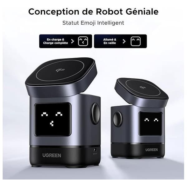 Laddstation 2 i 1 - UGREEN - Robot - Qi2 - Svart Anodiserad grå