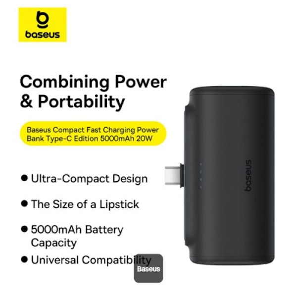 Snabb laddnings externbatteri OS-Baseus Compact Type-C Edition 5000mAh 20W Cluster Svart