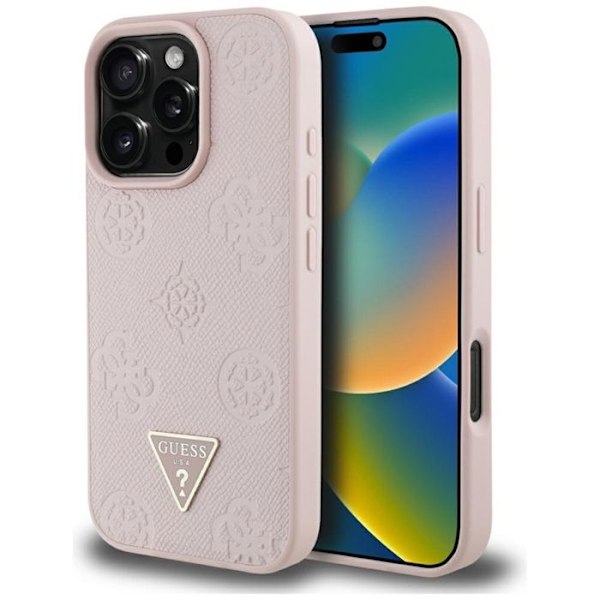 Coque Guess Grained Hot Stamp Peony Triangle Logo MagSafe för iPhone 16 Pro (rosa)