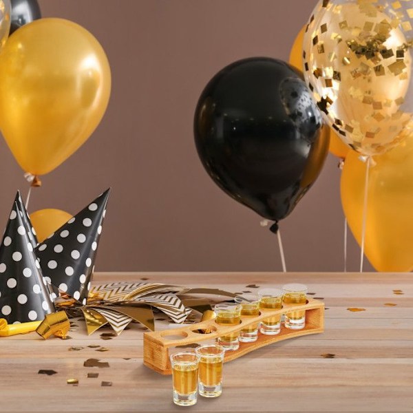 Relaxdays Shotbricka, set med 6 glas, 4 cl, böjd stöd, presentidé, bambu, natur brun klar, genomskinlig