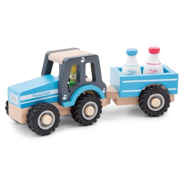 Nya klassiska leksaker - 11942 - Traktor med släp för mjölkburk Träleksak för barn, blå