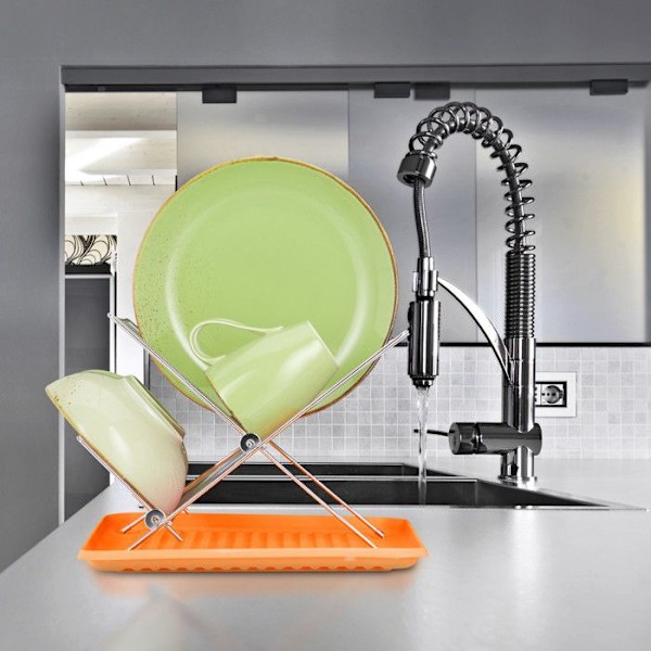 Relaxdays Metallisk diskställ (järn) för disk, hopfällbart stativ, med plastfat, praktiskt, orange orange, silver