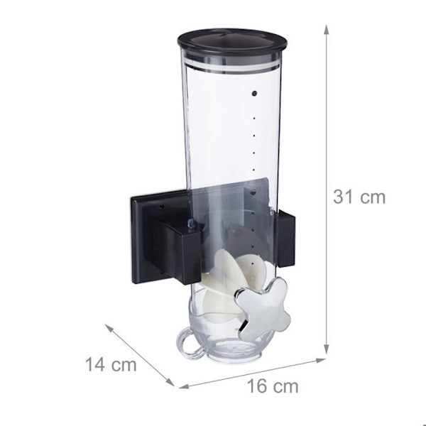 Relaxdays Cereal Dispenser, väggmontering, 1,7 L, godis, torra livsmedel, HLP 31x16x14 cm, svart svart, transparent, silver