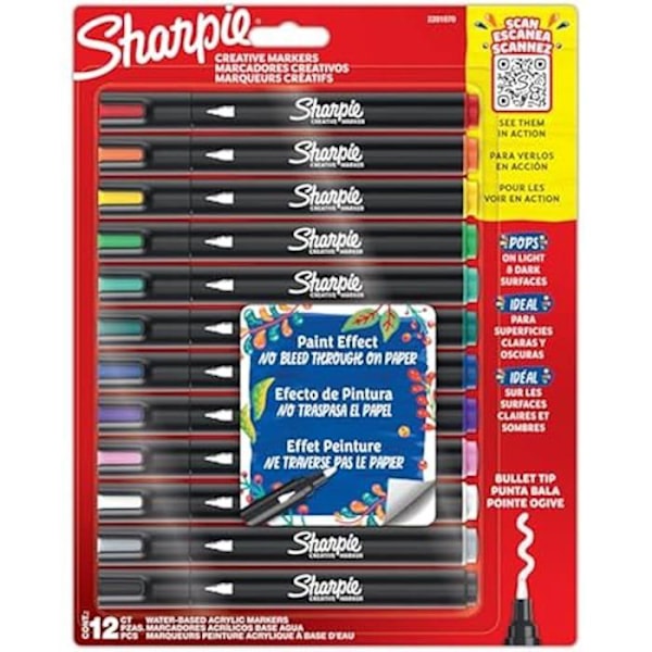 Kreativa marker - SHARPIE - 12 pennor - Spets av kon - Vattenbaserat bläck - Assorterande färger Blandade färger