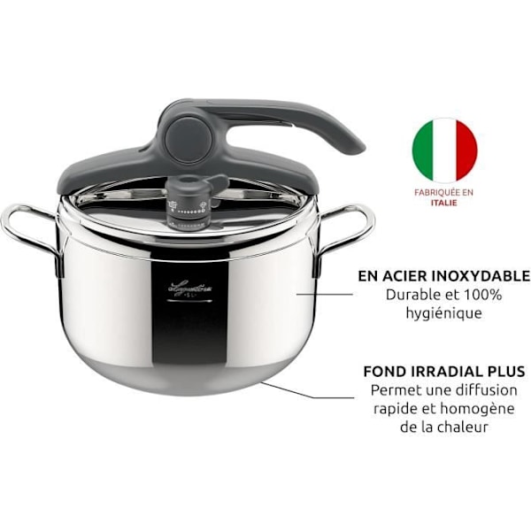 "Tryckkokare - LAGOSTINA - Irradial Control Lagoeasy'UP - 5 L - Rostfritt Stål 18/10 - Lätt att öppna" Rostfritt stål