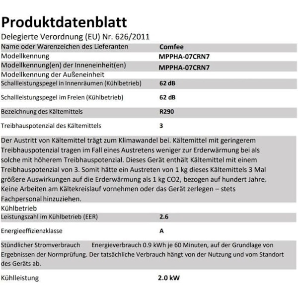 Mobil Klimaanläggning - Comfee - MPPHA-07CRN7 - 7000 BTU - 2 kW - Klass A