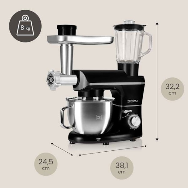 Multifunktionell 3-i-1 ZEEGMA Planeet Multi - Kökassistent - Köttkvarn - Mixer - 1900 W - Skål 6,2L - Kökrobot