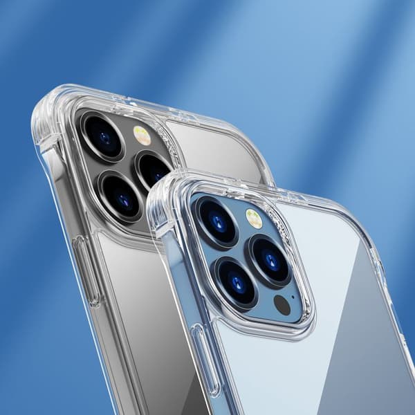 Transparent skyddsfodral för iPhone 13 Pro Max, med krokar och stöd.