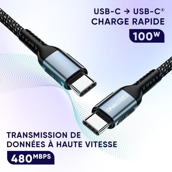 USB-C-kabel - Oniverse - 100W - 2m - Flätad - Kompatibel med PS5, Xbox, Switch, PC, Mac, iPhone 15