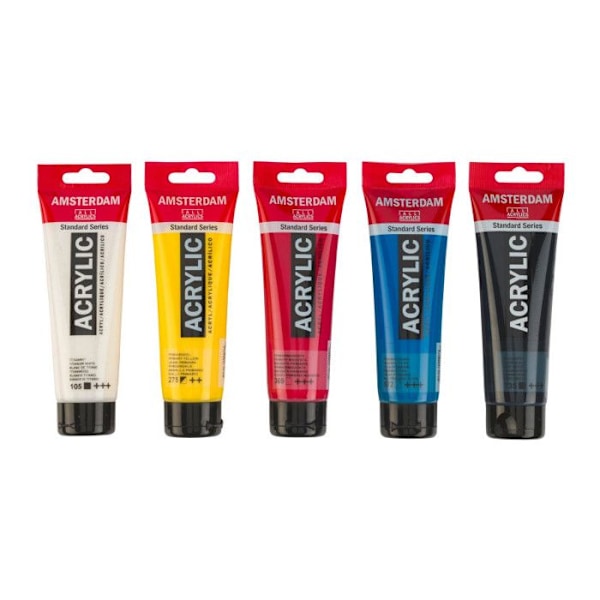Akrylfärg - Amsterdam - 5 rör - Primära färger - 5 x 120ml Titanvitt, Oxid svart, Primär gul, 