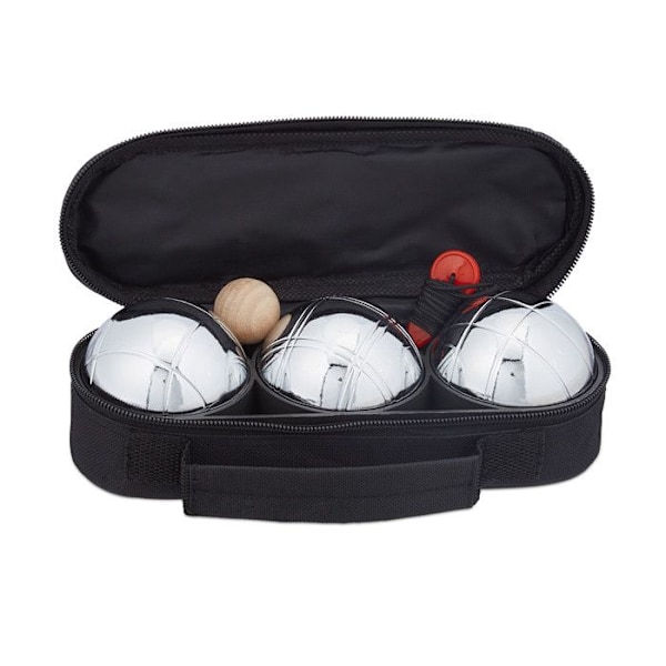 Relaxdays 3-pack metallic boules de pétanque, with cochonnet and tape measure, bag, outdoor game, silver and black svart silver