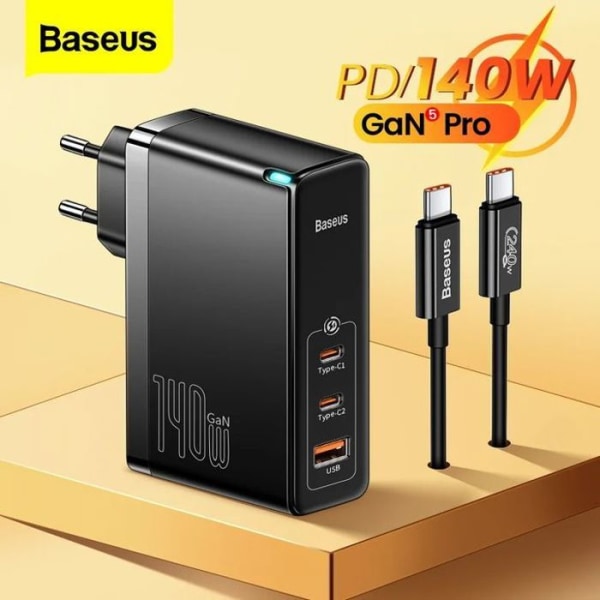 Baseus GAN 5 Pro 140W PD QC4.0 väggladdare för MacBook / Laptop iPhone + 240w kabel Svart