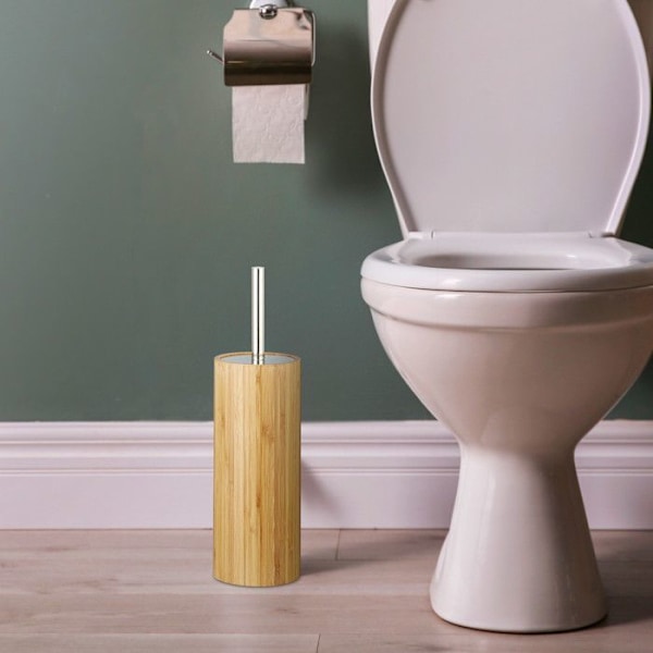 Relaxdays Toalettborsthållare, Rund Bambu Toalettborsthållare Badrumsborsthållare HxD: 37,5 x 10,5 cm, Naturlig ljusbrun, vit, silverfärgad