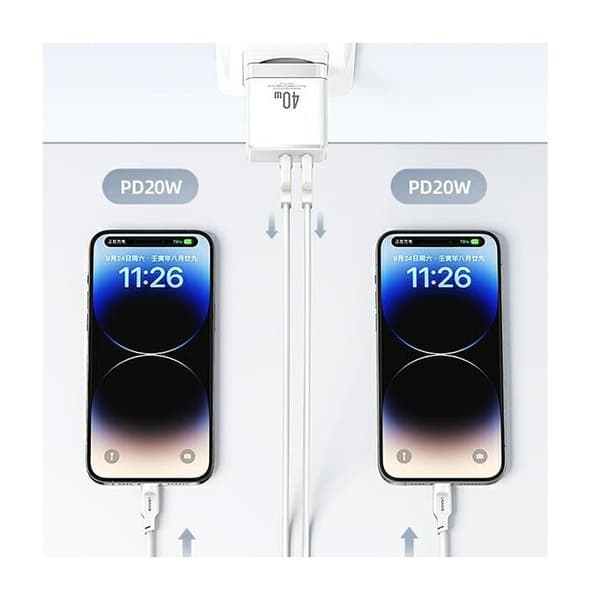 Laddare - USAMS - T54 - 2x USB-C - 40W - Snabbladdning - Kompatibel med iPhone och Android Vit