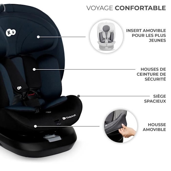 Bilbarnstol I-size 40-150 cm - KINDERKRAFT I-GROW - 360-graders svängbar - Inbyggd bas med isofix - Justerbart nackstöd - Svart Svart