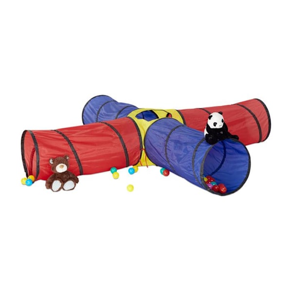 Relaxdays Tunnel Lektält XXL 3-delat set Barntunnel Crawling Caterpillar Pop Up Utomhus inomhus, färgglad Rött, blått och gult