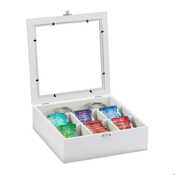 Relaxdays Te-box, trädeffekt, 7 fack för förvaring av tepåsar, presentkartong med fönster, HxBxD: 8x25x25,5 cm, vit vit, transparent, silver