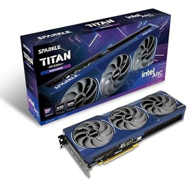 Sparkle Intel Arc B580 Titan OC, 12 GB GDDR6, krosskyldning 2.0, axiventilator, andningsljus, baksida. Blå