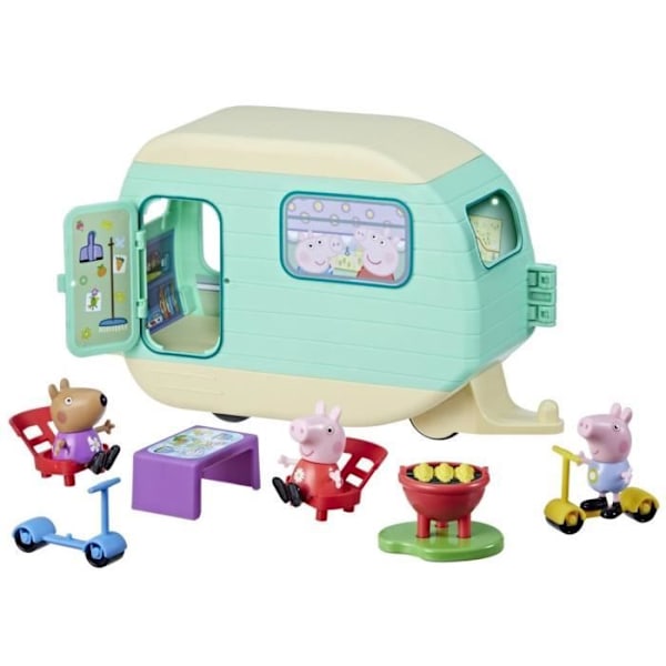 Peppa Pig, Peppas husvagn med 3 figurer och 6 tillbehör, förskoleleksaker för flickor och pojkar från 3 år och uppåt Rosa