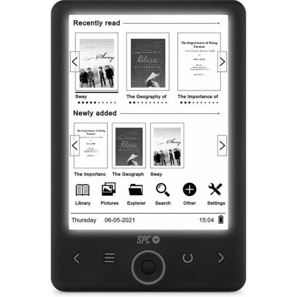 SPC Dickens Light 2 e-bok - Bakgrundsbelyst skärm, frontknappar, 8GB och en månads batteritid Svart