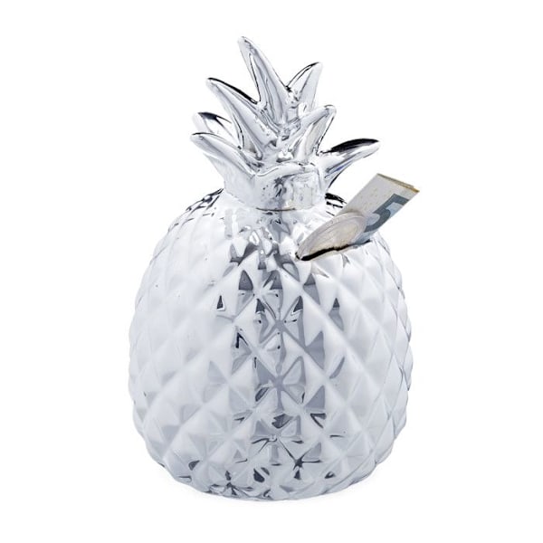 Relaxdays Spargris Ananas Pig Deco Box Pengar Sparmynt Keramiskt lås HxD: 16 x 9 cm, Silver silver-
