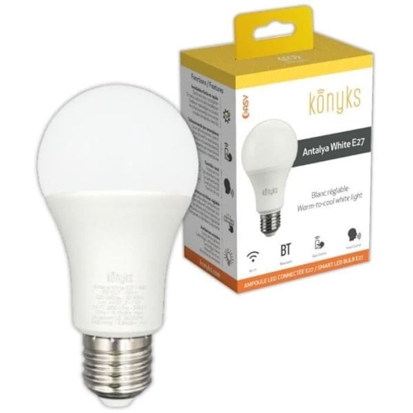 WiFI + BT LED-lampa, 780 Lumen, 9W, Dimbar Vit - Konyks Antalya Vit E27 Vit