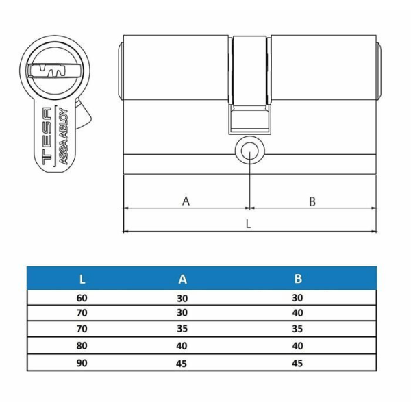 Lås - pipa - cylinder - Tesa lås - T65D3040L - T60 - Cylinder 5 nycklar DS 2030/30 X 40 i mässing