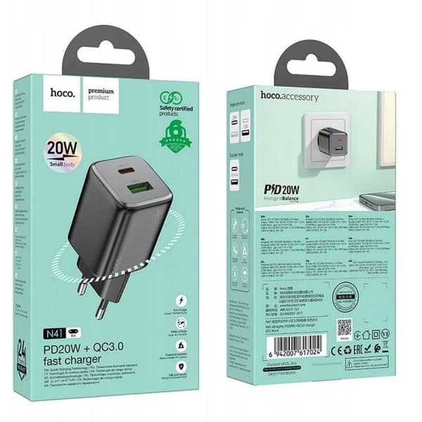Laddare - HOCO - N41 - USB-A + USB-C - QC3.0 - PD 20W Svart
