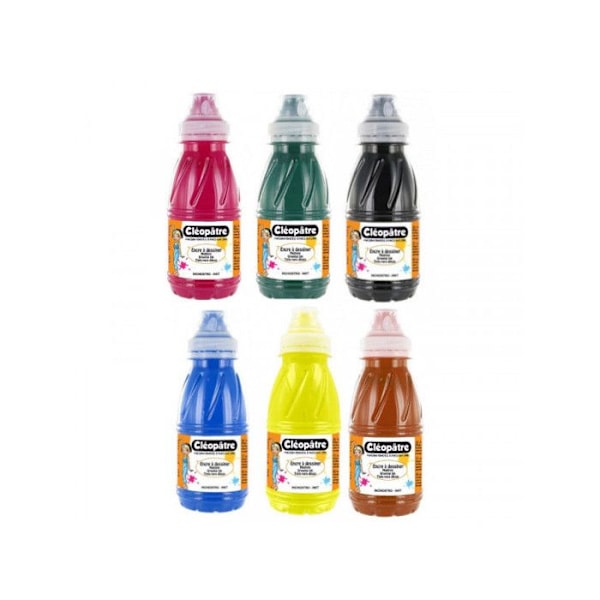 Set med 6 olika 250 ml flaskor med indiskt bläck CLEOPATRE primärgul, klar röd, primärblå, gra