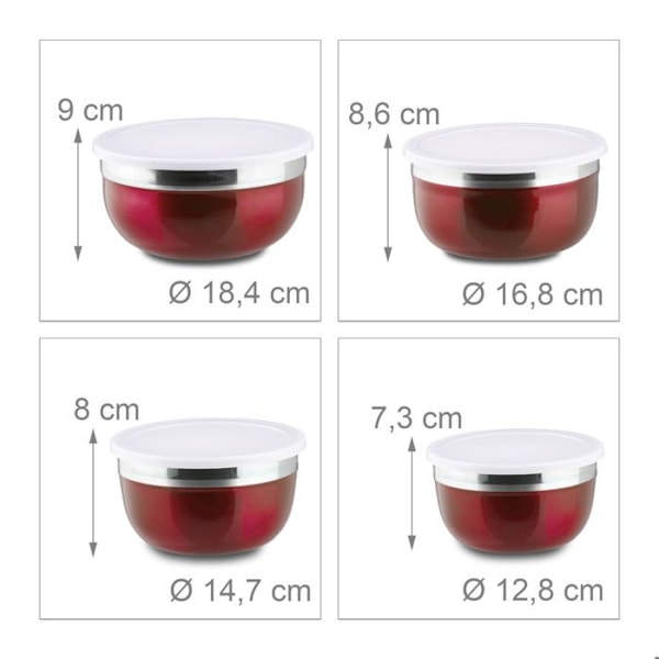 Relaxdays Bol blandare med lock set om 4 skålar i rostfritt stål flera storlekar HxBxD: 9 x 18,4 x 18,4 cm, röd röd, silverfärgad