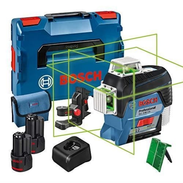 Bosch Professional 12V linjelasersystem GLL 3-80 CG (2 12 V-batterier, laddare, grön laser, med dedikerad mobilapp, extra