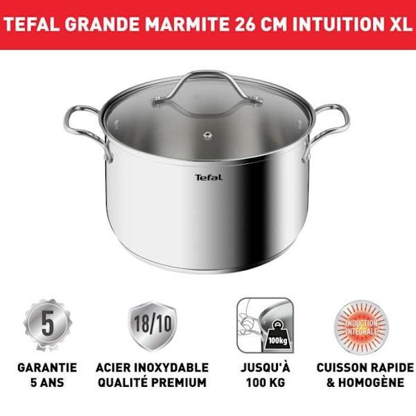 TEFAL Intuition XL Stockpot 26 L cm rostfritt stål + glaslock, Kapacitet 6,5 L, Induktion, 18/10 rostfritt stål, Robusta handtag B864 Rostfritt stål