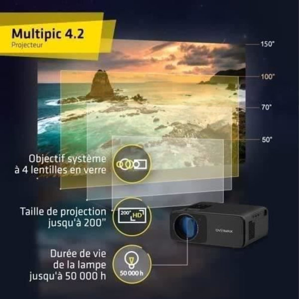 OVERMAX Multipic 4.2 - Videoprojektor - WiFi - Full HD LED - 200'' - Högtalare - Skärmspegling - 4500 Lumen - Hemmabio