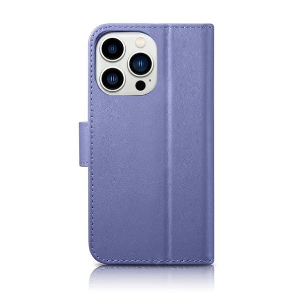Ljust lila 2-i-1 plånboksfodral i läder för iPhone 14 Pro, RFID-skydd.
