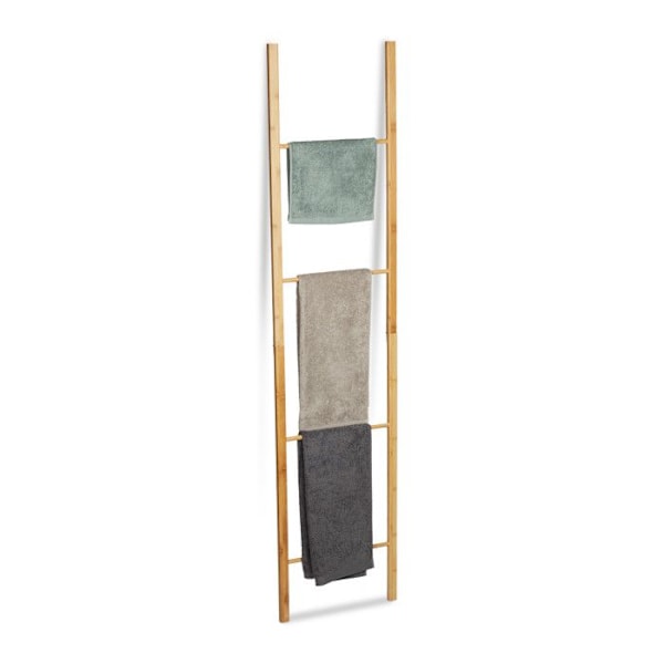 Relaxdays Ladder Folding Bambu Handdukshängare, 4 Bar Handdukshylla Badrumsdiskhandduk, 180x42x2 cm, Nature ljusbrun
