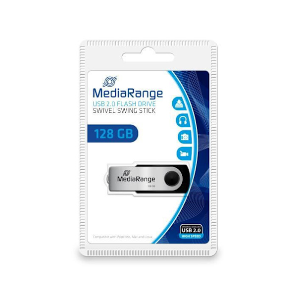 MediaRange MR913 USB-minne - 128 GB - USB 2.0 - Vridbar - Svart, Silver