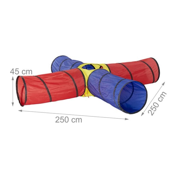Relaxdays Tunnel Lektält XXL 3-delat set Barntunnel Crawling Caterpillar Pop Up Utomhus inomhus, färgglad Rött, blått och gult