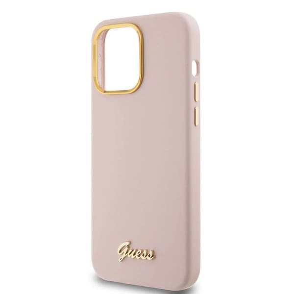 Guess Silicone Script-logotyp och metallram - Fodral för iPhone 15 Pro Max (rosa) Ljusrosa