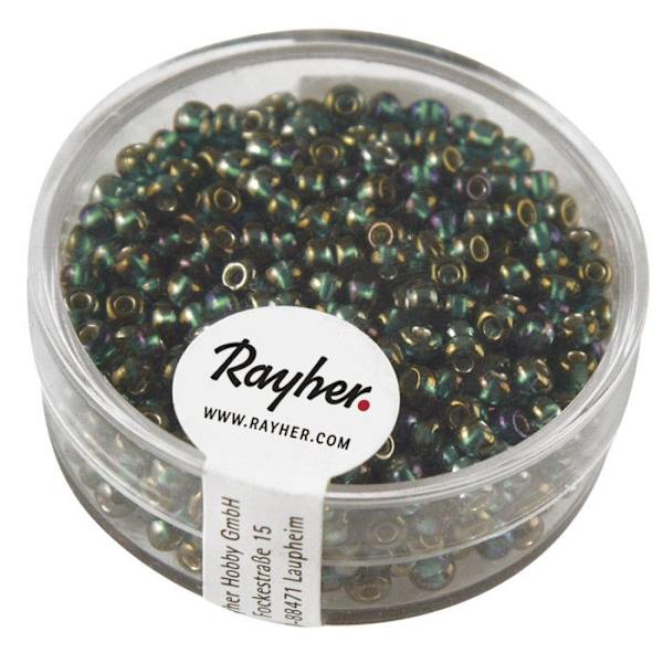 Rocailles garnit.argent+Regnbåge, ø2,6mm, smaragd, låda 17 g