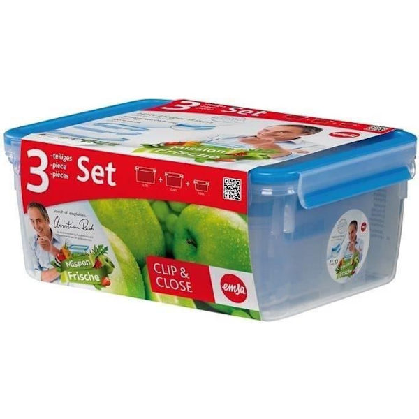 Rektangulär klämma & stäng lådor 0,55, 1 och 3 L - set om 3 Transparent