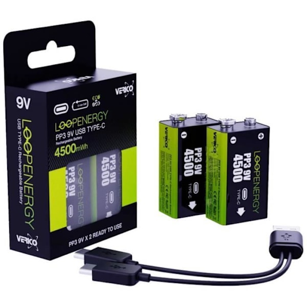 Verico LoopEnergy USB-C Uppladdningsbart batteri 6LR61 (9V) Li-Ion 500 mAh 7,4 V 2 st.