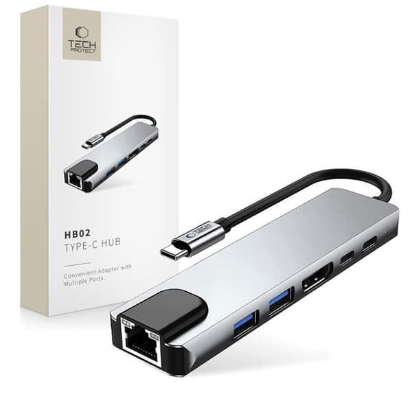 Adapter Hub 6 I 1 Tech-Protect Hb02 Typ-C + Usb 2.0 + Usb 3.0 + Hdmi 4K 30 Hz + Rj45 + Pd100 W Grå Sidereal