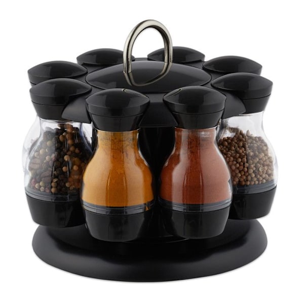 Relaxdays Kryddkarusell, 8 plastburkar, rund display, 360° roterande, HxD 17x19 cm, svart/transparent svart, transparent, silver